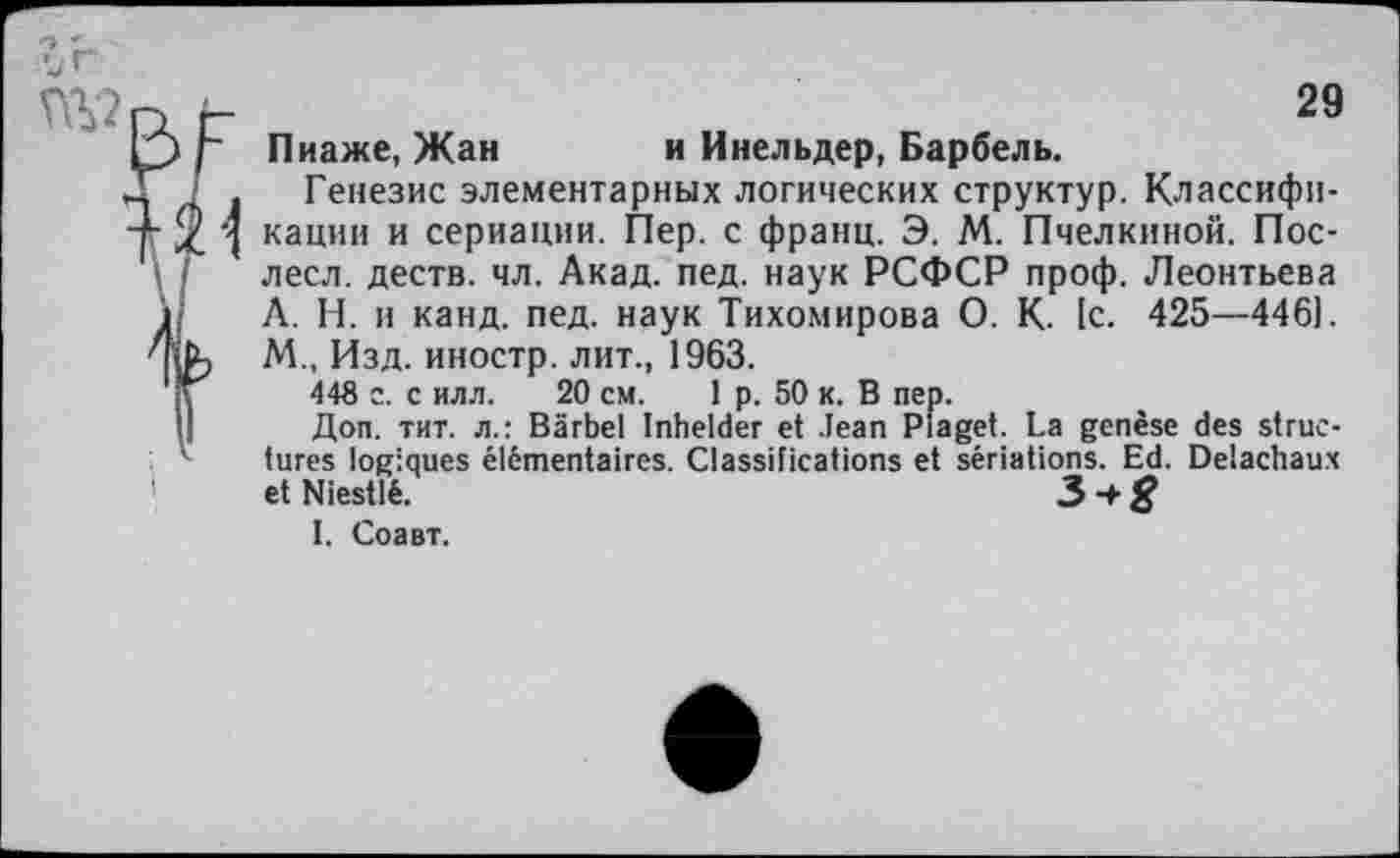 ﻿29 Пиаже, Жан и Инельдер, Барбель.
Генезис элементарных логических структур. Классификации и сериации. Пер. с франц. Э. М. Пчелкиной. Пос-лесл. деств. чл. Акад. пед. наук РСФСР проф. Леонтьева А. И. и канд. пед. наук Тихомирова О. К. 1с. 425—446). М„ Изд. иностр, лит., 1963.
448 с. с илл. 20 см. 1 р. 50 к. В пер.
Доп. тит. л.: Bârbel Inhelder et Jean Plaget. La genèse des structures logiques élémentaires. Classifications et sériations. Ed. Delachaux et Niestlé.	3 -> g
I. Соавт.